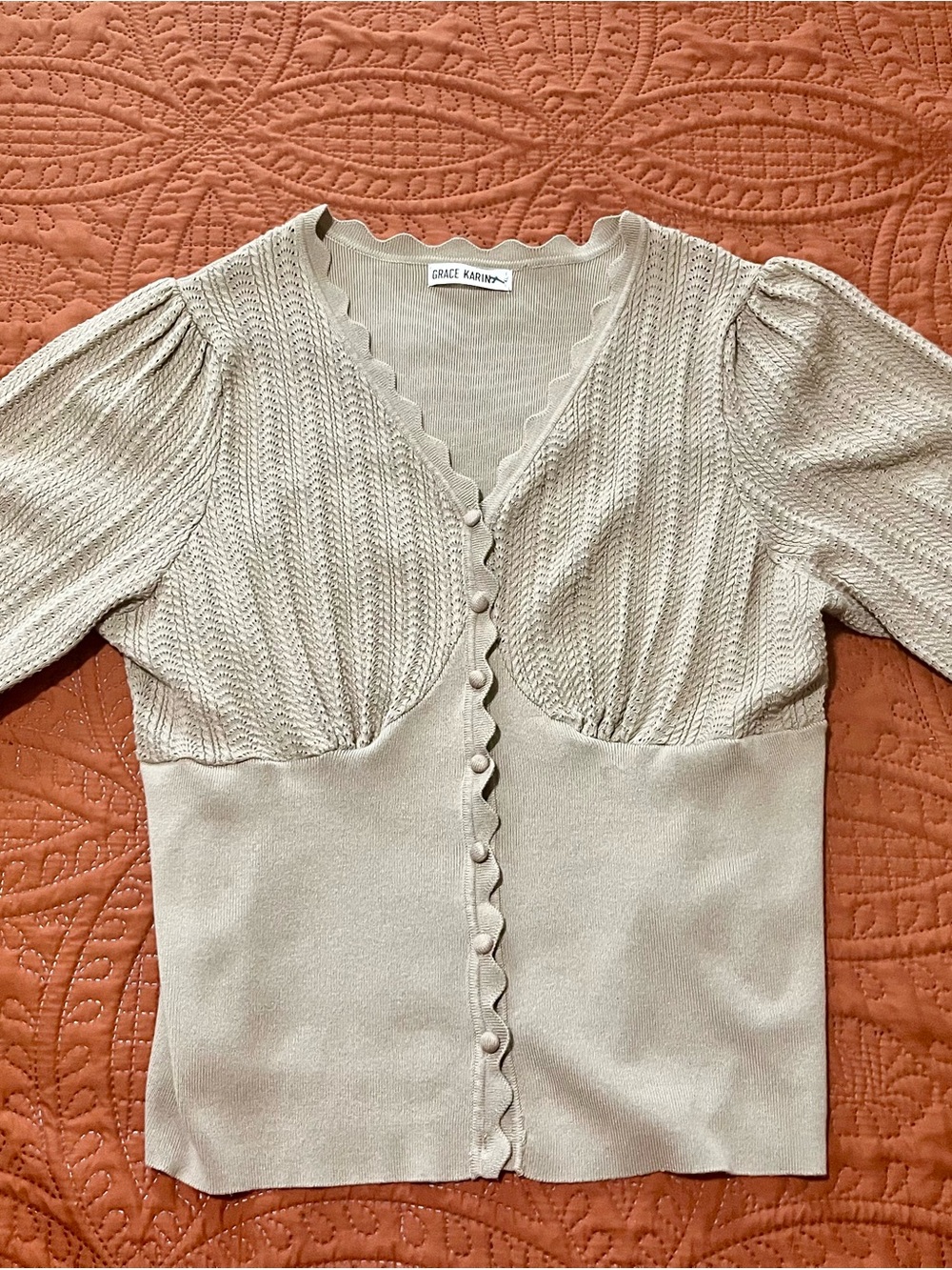 Grace Karin Cream Scalloped V-Neck Puff Sleeve Knit Cardigan